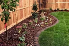 cedar fence and gates, new sod, mow brick border, curved beds