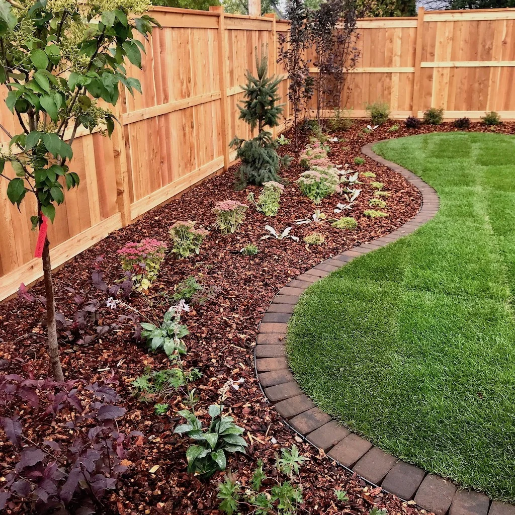 Mow brick edging between mulch garden bed and lawn