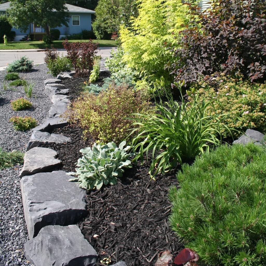 Front yard beds with freshly planted vegetation topped with black mulch and decorative rundle gravel.