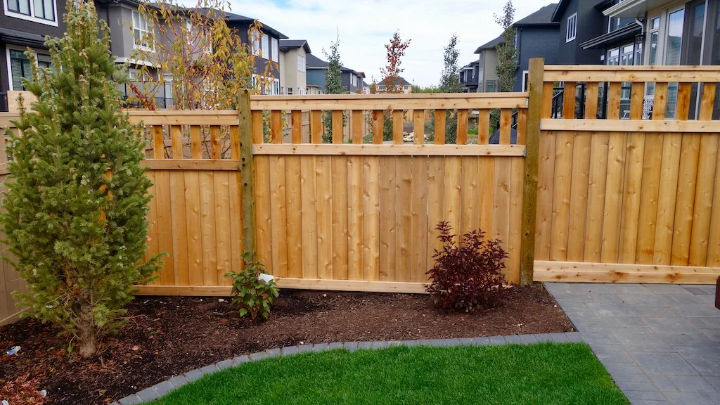Wood style fence with decorative lattice top in a backyard
