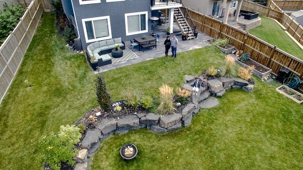 overhead view of landscaped backyard