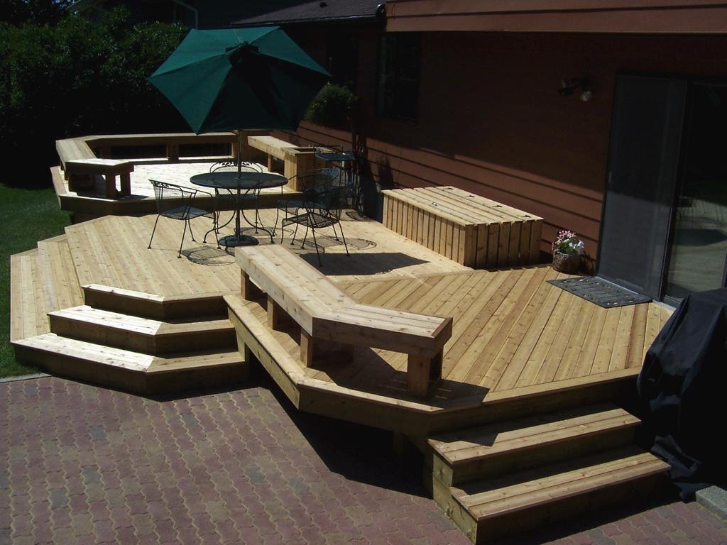 decks - pressure treated deck with customer benches storage area steps