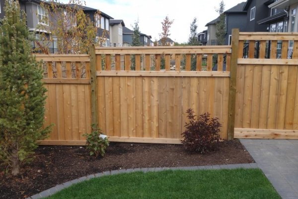 tiered pressure treated fence with custom slat top