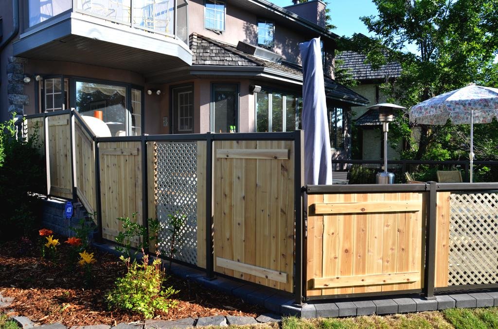 Fences - aluminum railing with custom cedar and lattice paneling