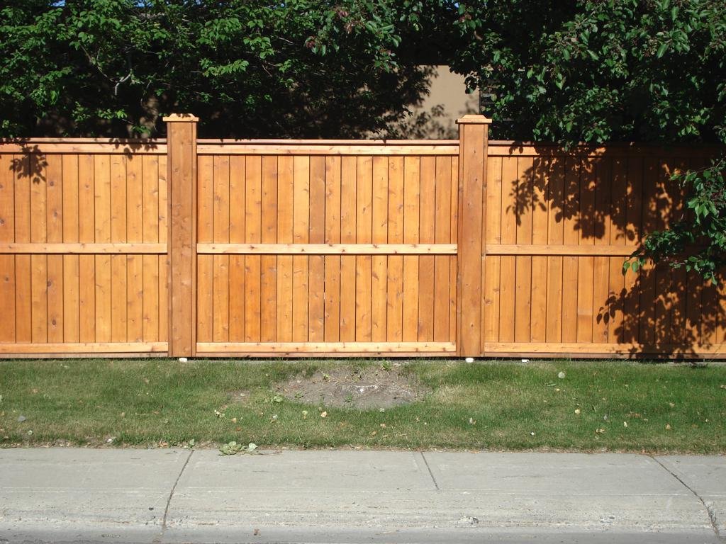 Fences - Stained cedar fortress style fence with post caps