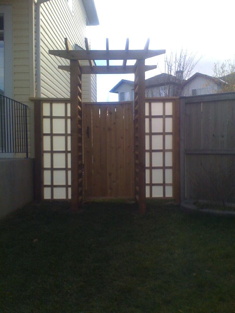 Gates - cedar gate and arbor with decorative glass gate panels