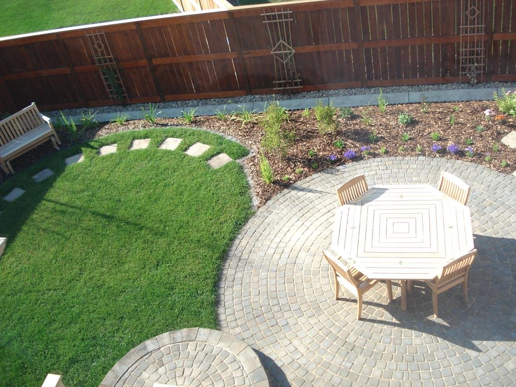 patio - Cobble Stone Patios in Rustic, with fresh sod and mulch perennial beds