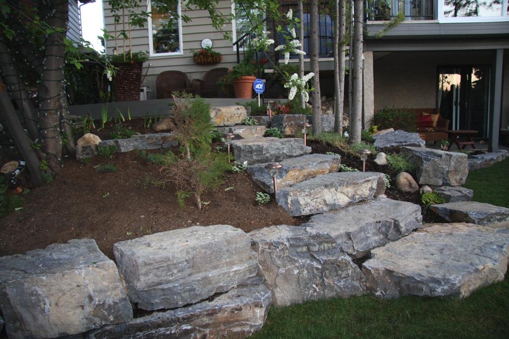 steps - armour stone slab steps and stackable retaining wall